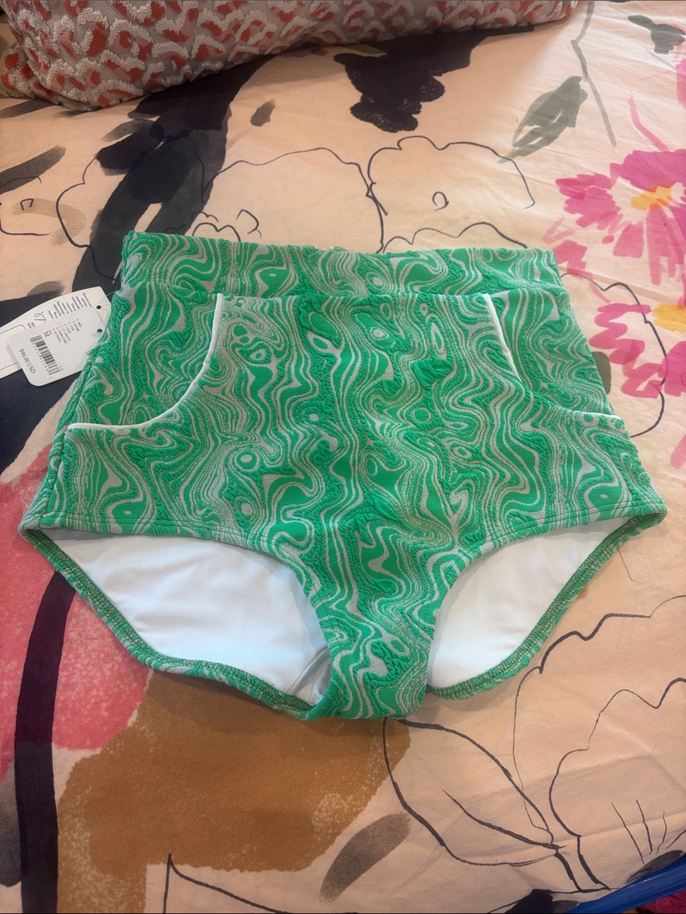 Free People Green Swirl High-Waist Swim Shorts